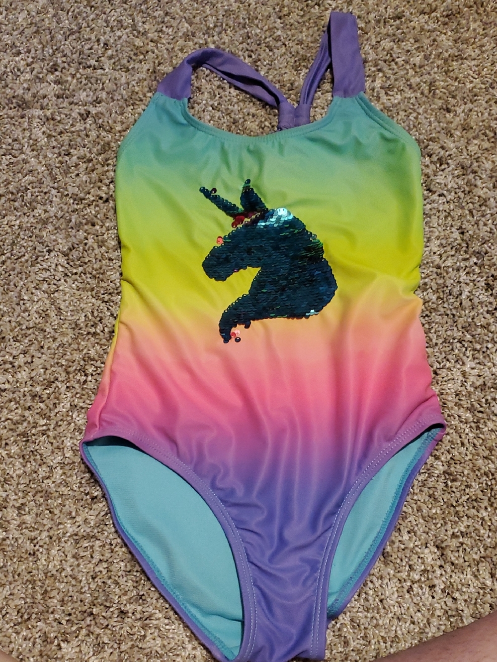 Kids Rainbow Unicorn Sequin One-Piece Swimsuit - Purple Straps